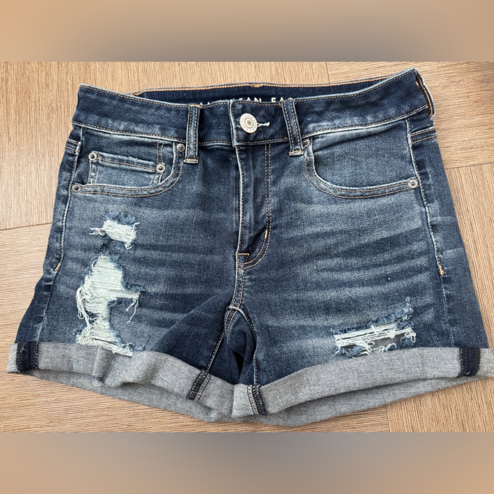 American Eagle Outfitters Distressed Dark Blue Denim Shorts